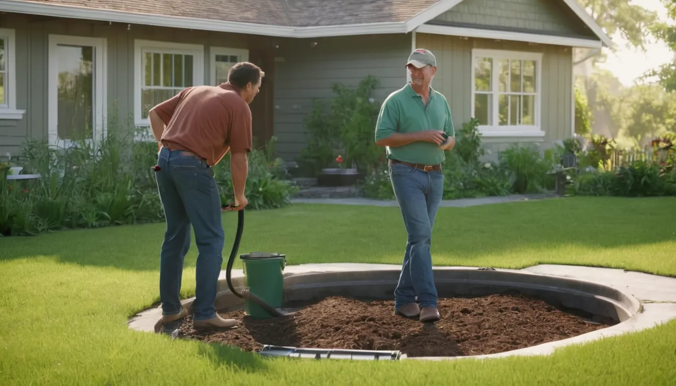 A friendly local provider speaking with a homeowner beside a septic access lid in a Brunswick yard